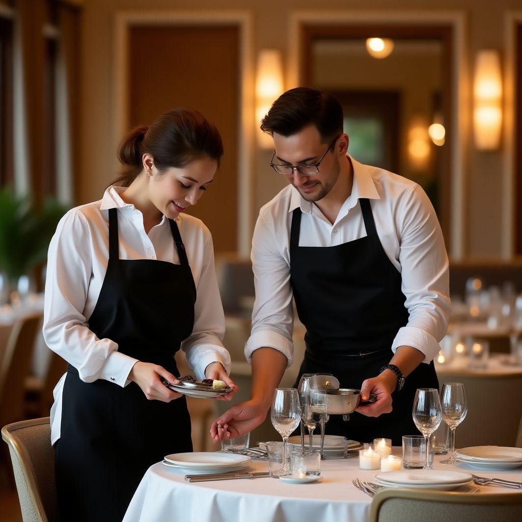 Personnel attentionné servant des clients dans notre restaurant gastronomique