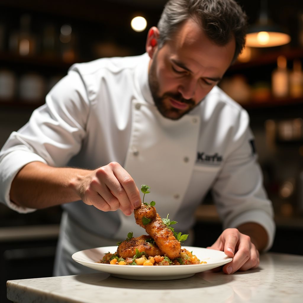Chef préparant un plat gastronomique dans notre cuisine étoilée