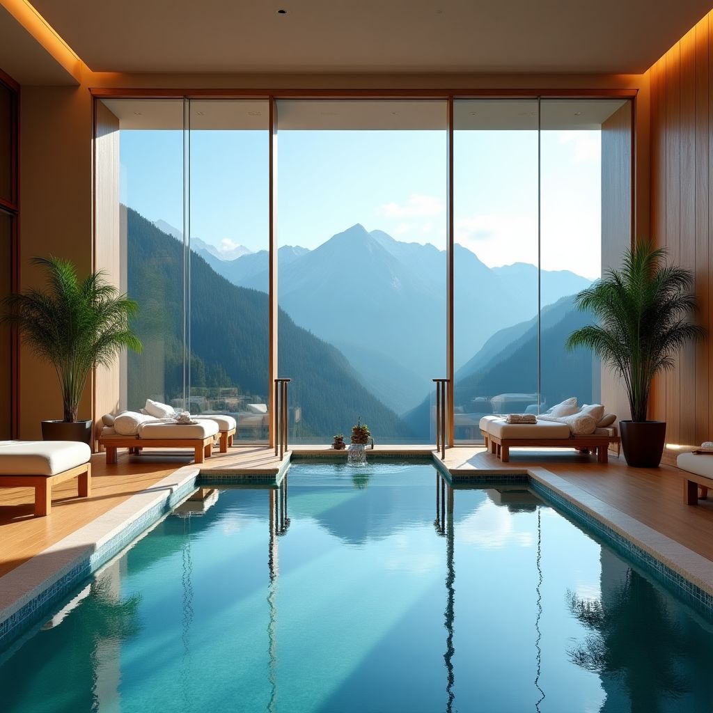 Spa luxueux avec piscine intérieure et vue sur les montagnes