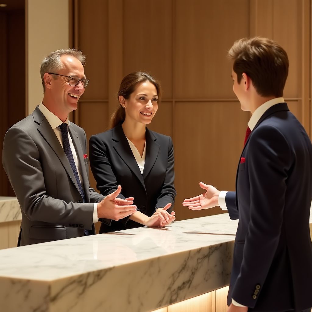 Personnel d'accueil souriant accueillant des clients à la réception